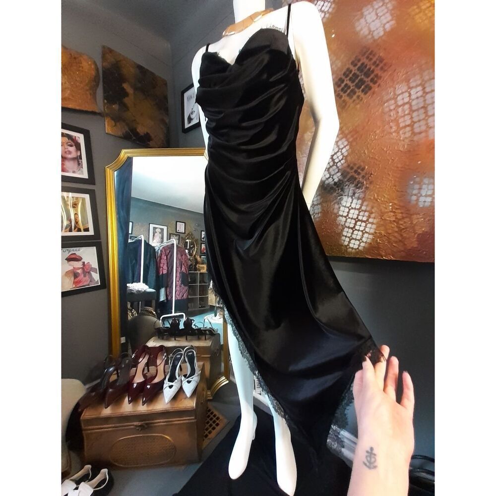 Zara Nwt Black Velvet Asymmetric Slip Dress with Lace Trim - Picture 12 of 16